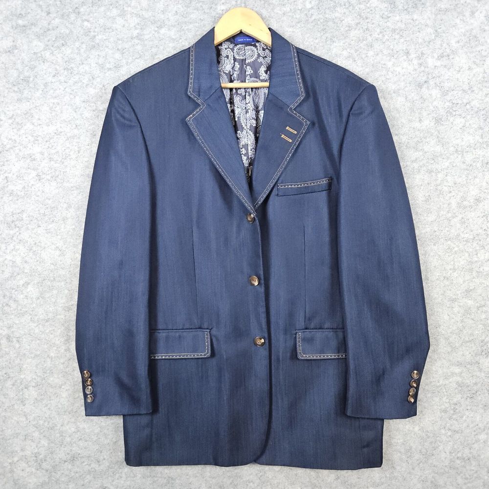Blu Martini Men's Blue Denim Blazer Size 42R Contrast Stitches‎ 3-Button Paisley
